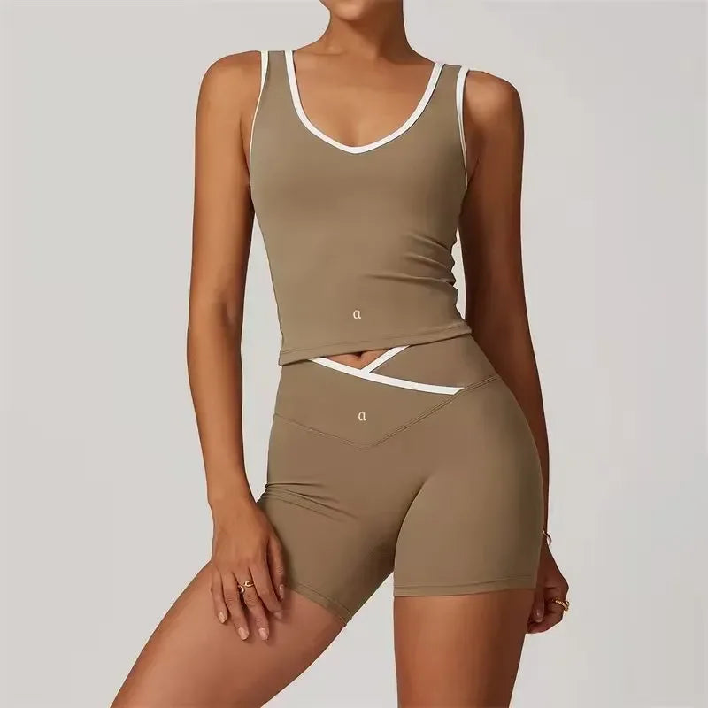 Yoga Shorts Set Women Seamless Yoga Set Fitness Clothing Scrunch Bum Gym Shorts Padded Tank Top Workout Vest