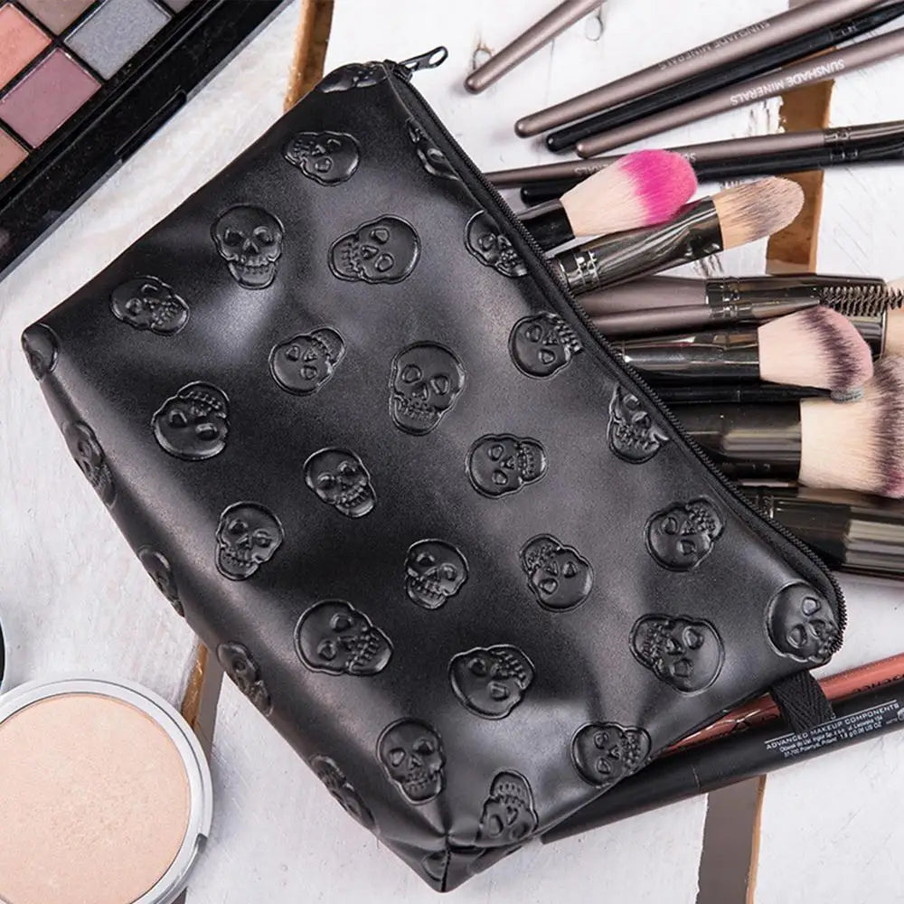 PU Leather Waterproof Skull Makeup Pouch Travel Cosmetic Bag Zippered Storage Bag for Skin Care Products Portable Black Bag