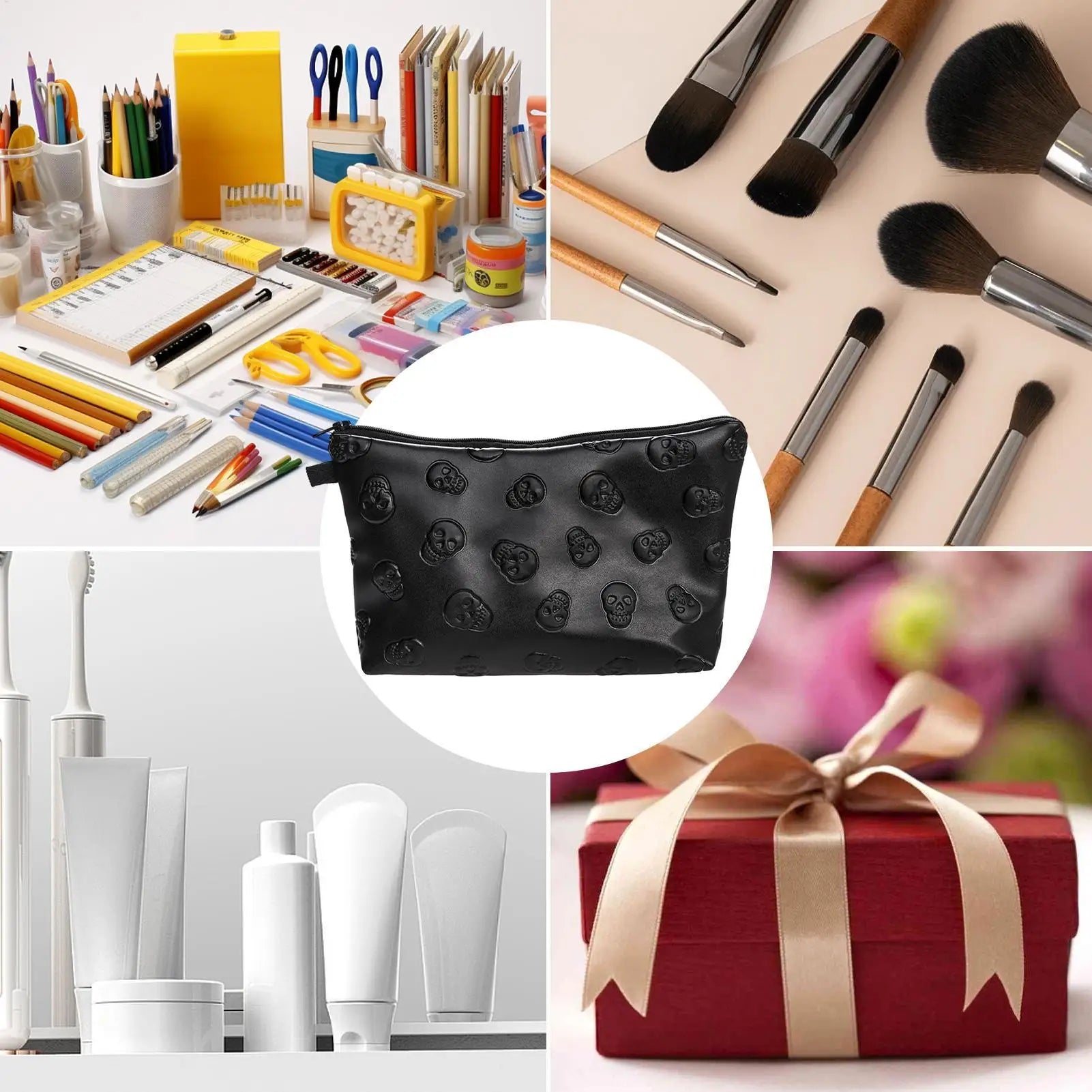 PU Leather Waterproof Skull Makeup Pouch Travel Cosmetic Bag Zippered Storage Bag for Skin Care Products Portable Black Bag