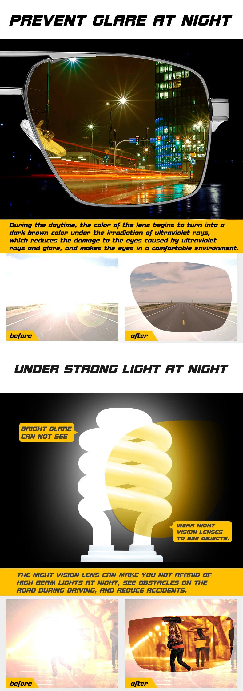 LIOUMO Intelligent Photochromic Sunglasses Men Polarized Night Vision Goggle Women Anti-Glare Driving Glasses UV400 gafas de sol