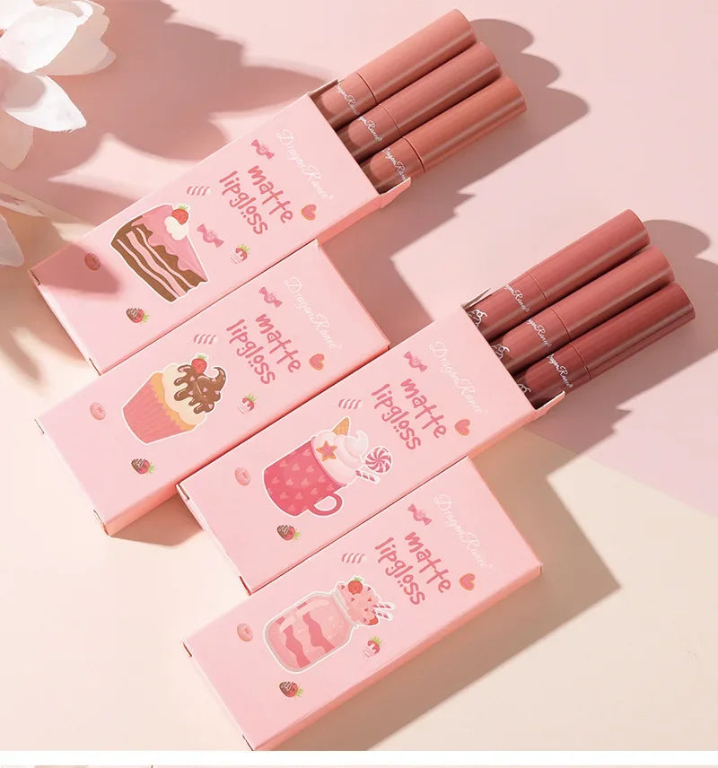 3PCS/Set Velvet Matte Nude Liquid Lipstic Long Lasting Waterproof Lipgloss Kits Moisturizing Lip Stain Tint Sexy Lip Makeup Sets