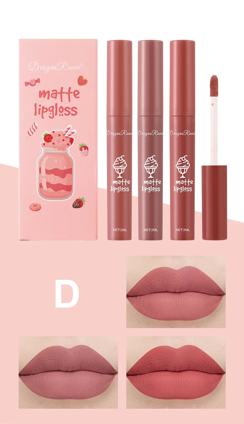 3PCS/Set Velvet Matte Nude Liquid Lipstic Long Lasting Waterproof Lipgloss Kits Moisturizing Lip Stain Tint Sexy Lip Makeup Sets
