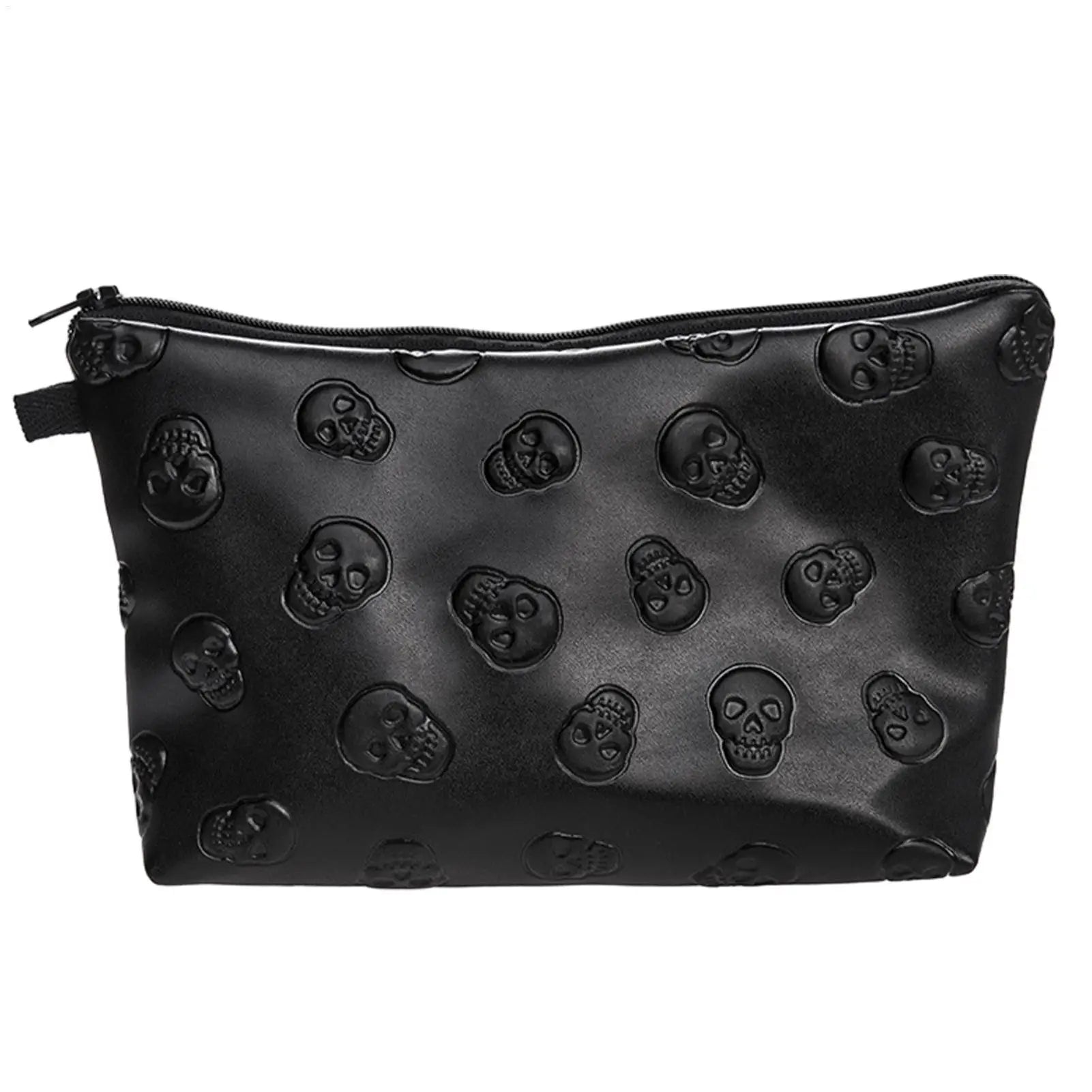 PU Leather Waterproof Skull Makeup Pouch Travel Cosmetic Bag Zippered Storage Bag for Skin Care Products Portable Black Bag