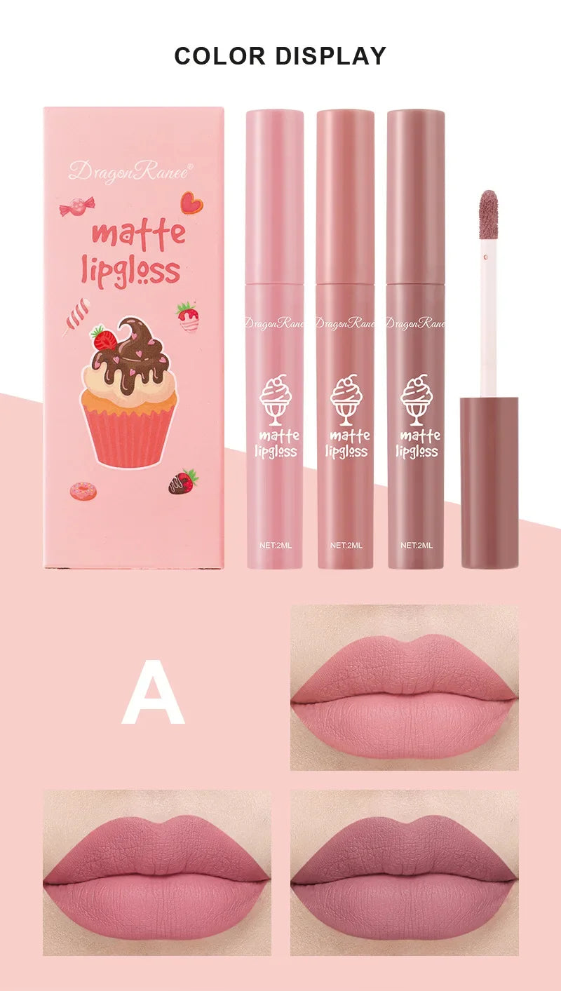 3PCS/Set Velvet Matte Nude Liquid Lipstic Long Lasting Waterproof Lipgloss Kits Moisturizing Lip Stain Tint Sexy Lip Makeup Sets