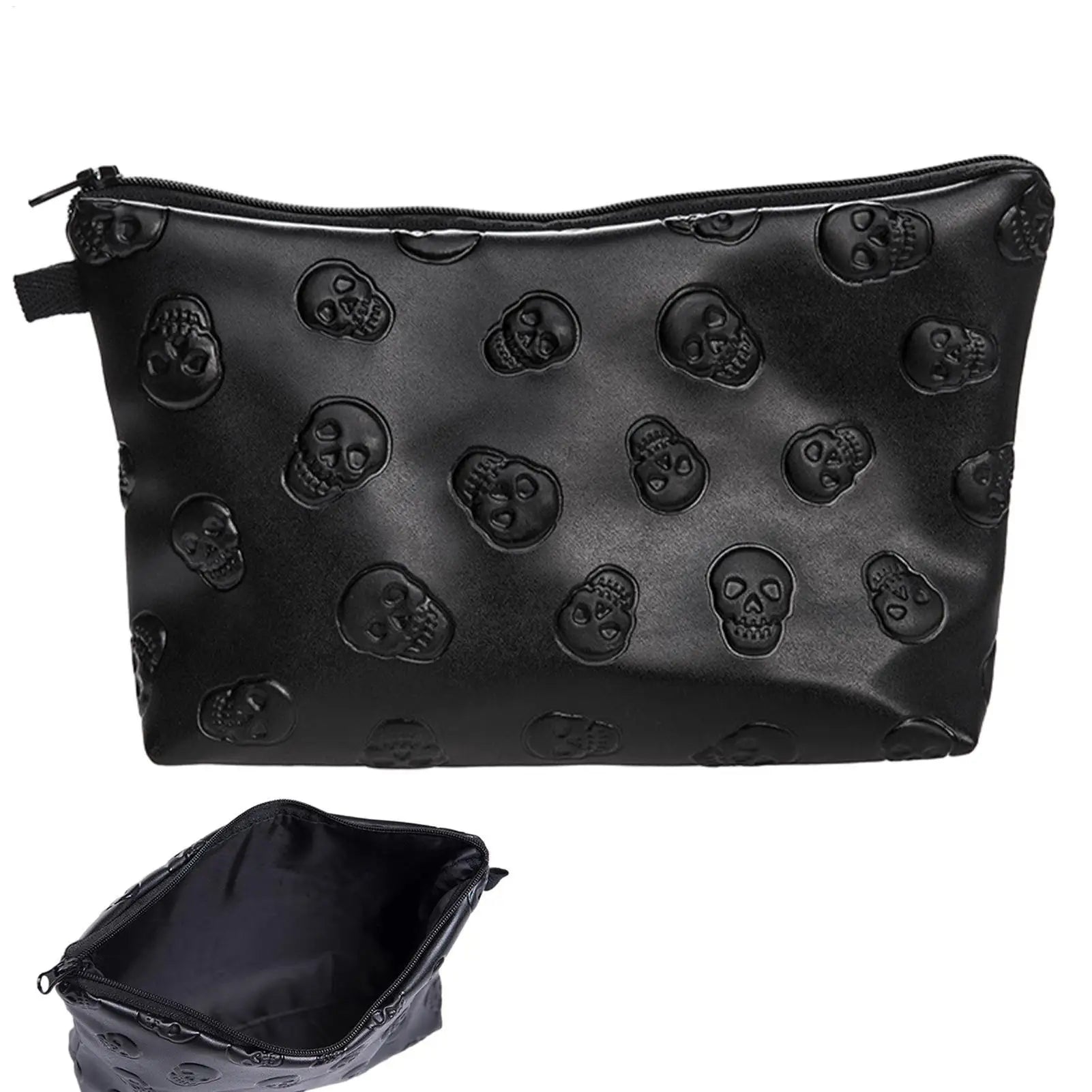 PU Leather Waterproof Skull Makeup Pouch Travel Cosmetic Bag Zippered Storage Bag for Skin Care Products Portable Black Bag