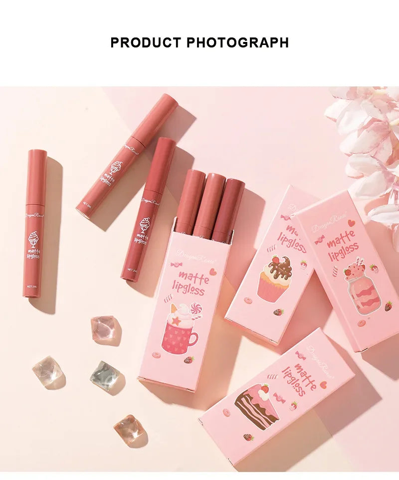 3PCS/Set Velvet Matte Nude Liquid Lipstic Long Lasting Waterproof Lipgloss Kits Moisturizing Lip Stain Tint Sexy Lip Makeup Sets