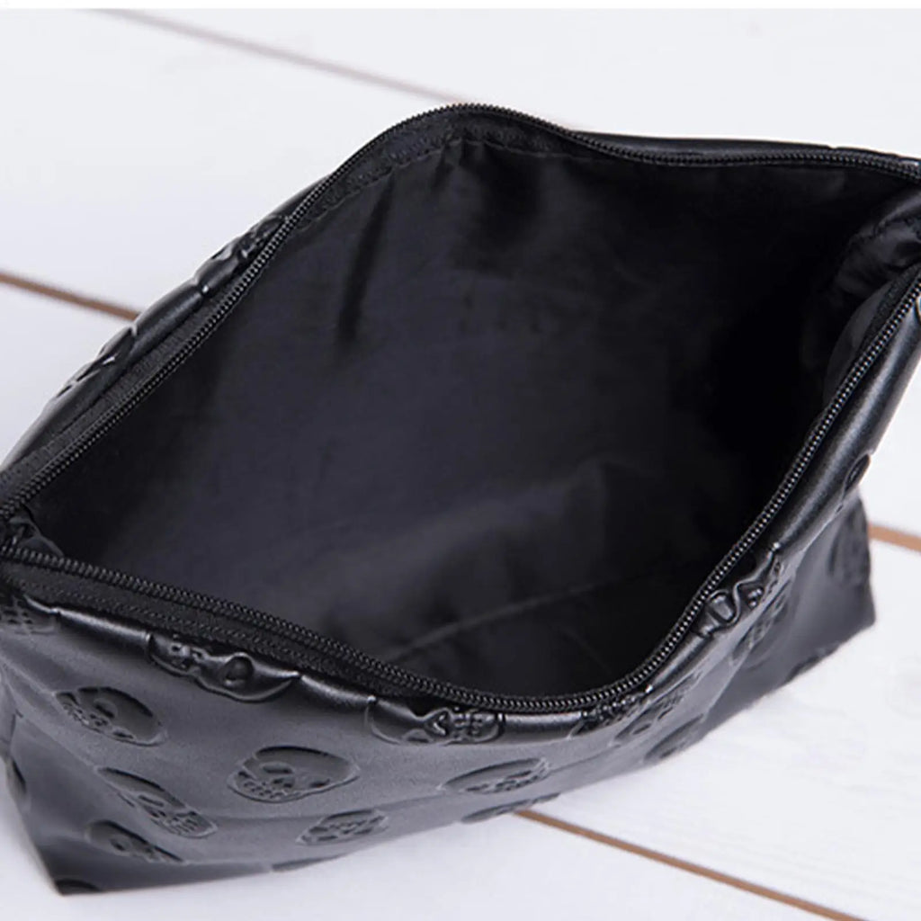 PU Leather Waterproof Skull Makeup Pouch Travel Cosmetic Bag Zippered Storage Bag for Skin Care Products Portable Black Bag